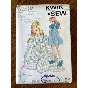 Vintage 1970s Kwik Sew 524 Sewing Pattern Size 8 - 14 Girls Nightgown COMPLETE